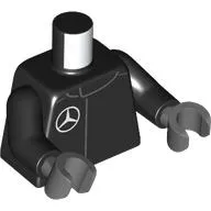 Torso, White Mercedes Logo print, Black Arms, Dark Bluish Gray Hands