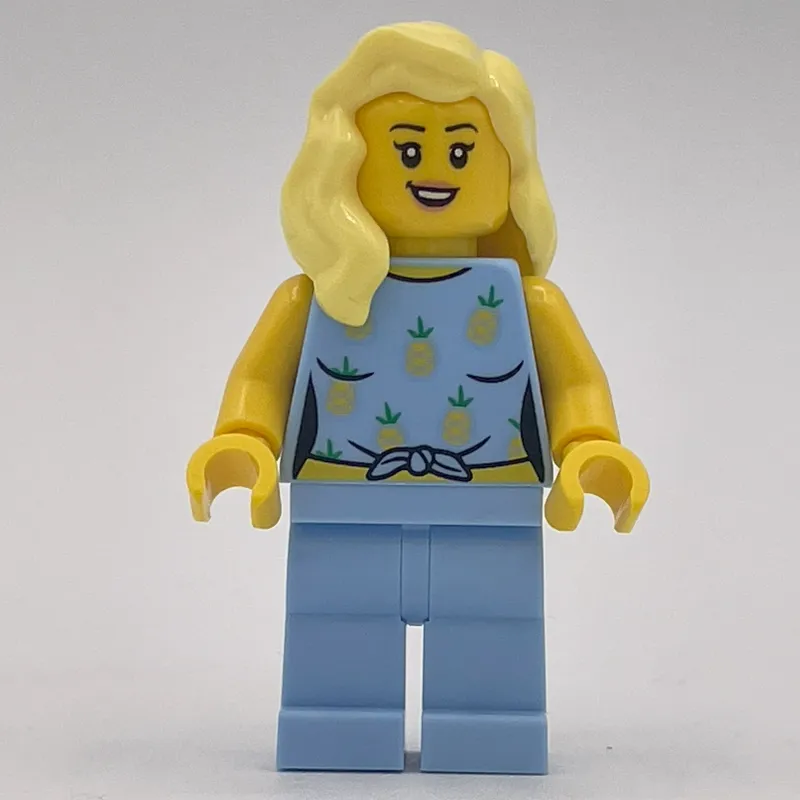 Woman, Bright Light Blue Outfit with Pineapples