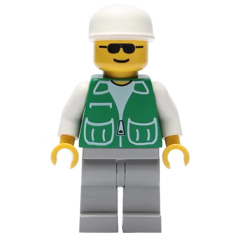 Man, Green Jacket, Light Gray Legs, White Cap, Sunglasses