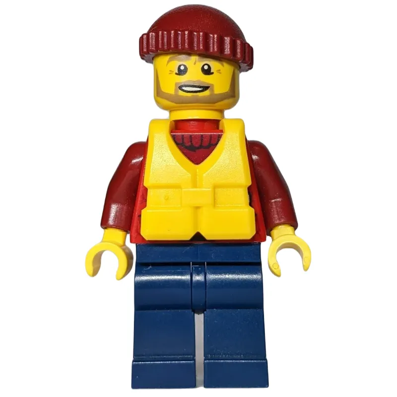 Man, Open Red Jacket over Dark Red Sweater, Dark Red Hat, Yellow Life Vest, Beard