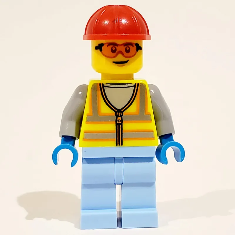 Man, Vibrant Yellow Safety Vest, Bright Light Blue Legs, Red Hard Hat