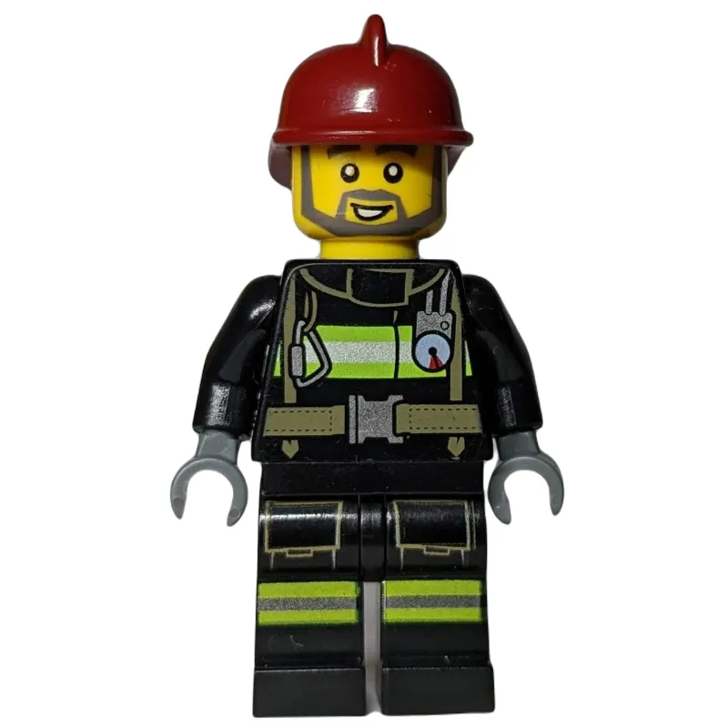 Fireman, Black Fire Suit with Gauge and Straps, Dark Red Helmet, Beard