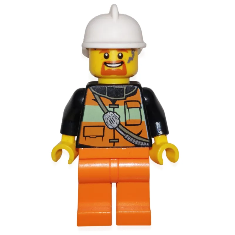Fireman, Orange Safety Vest with Radio, White Helmet, Goatee Beard