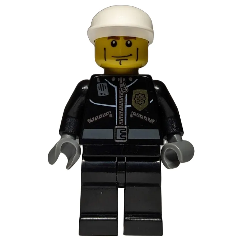 Policeman, Black Jacket with Zipper, Radio, and Badge, White Cap