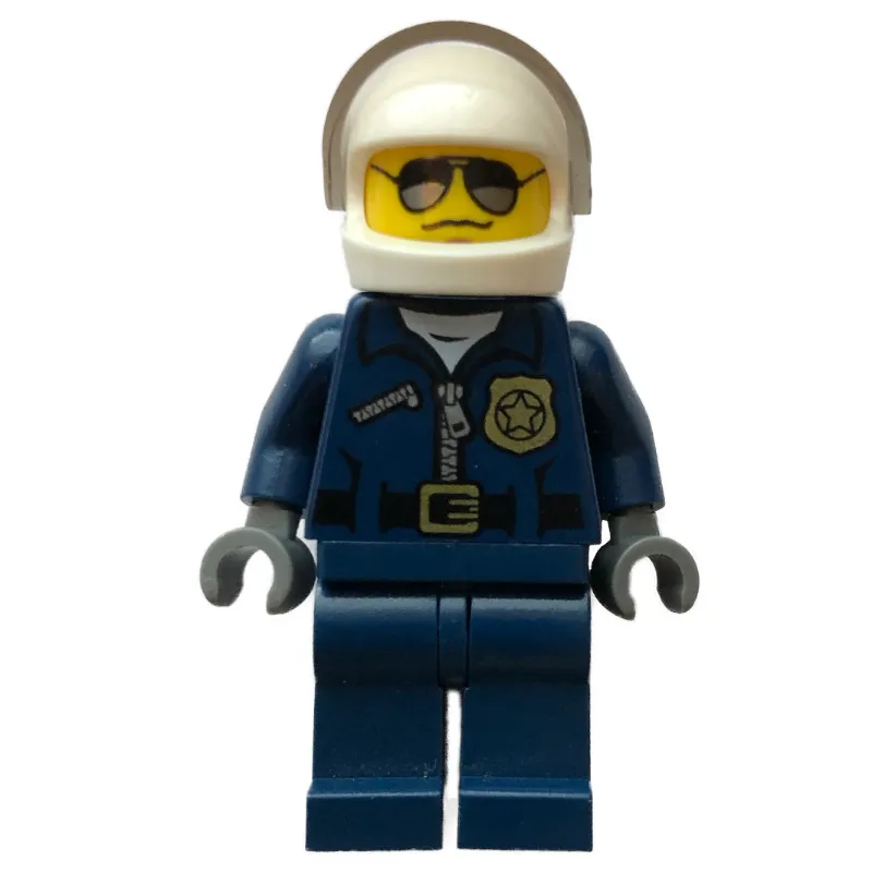 Policeman, Dark Blue Jacket with Zipper, Badge, and 'POLICE' on Back, White Helmet with Visor, Sunglasses
