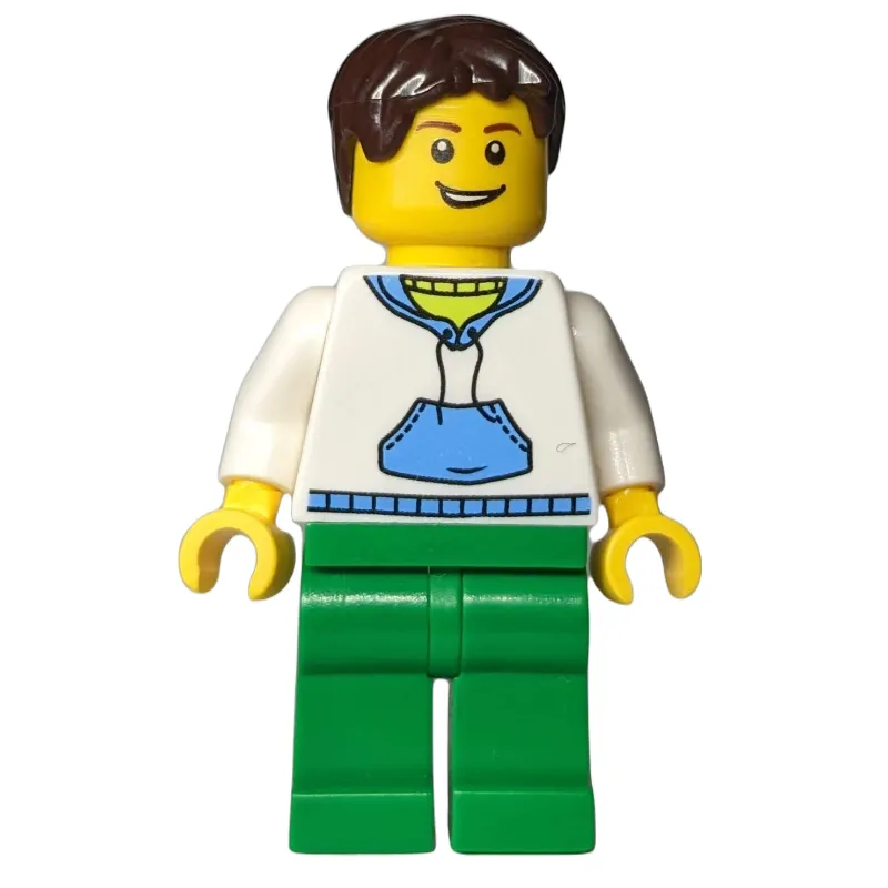 Man, White and Blue Hoodie, Green Legs, Dark Brown Hair