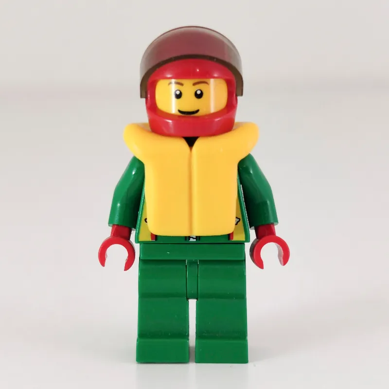 Racer, Green Jacket with Zipper and Octan Logo, Red Helmet with Visor, Yellow Life Vest