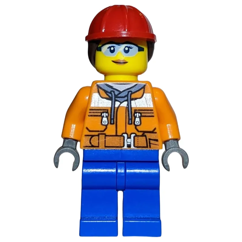 Construction Worker, Woman, Orange Safety Jacket, Blue Legs, Ponytail with Red Hard Hat