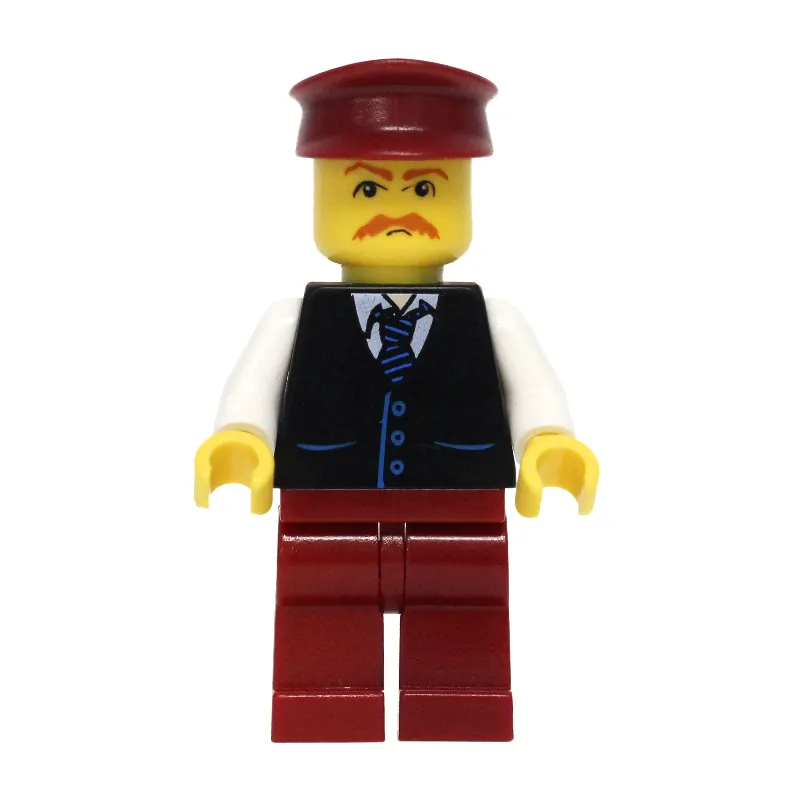 Man, Black Vest over White Shirt with Tie, Dark Red Legs, Dark Red Hat, Moustache