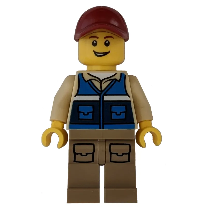 Man, Blue Vest, Dark Tan Legs, Dark Red Cap