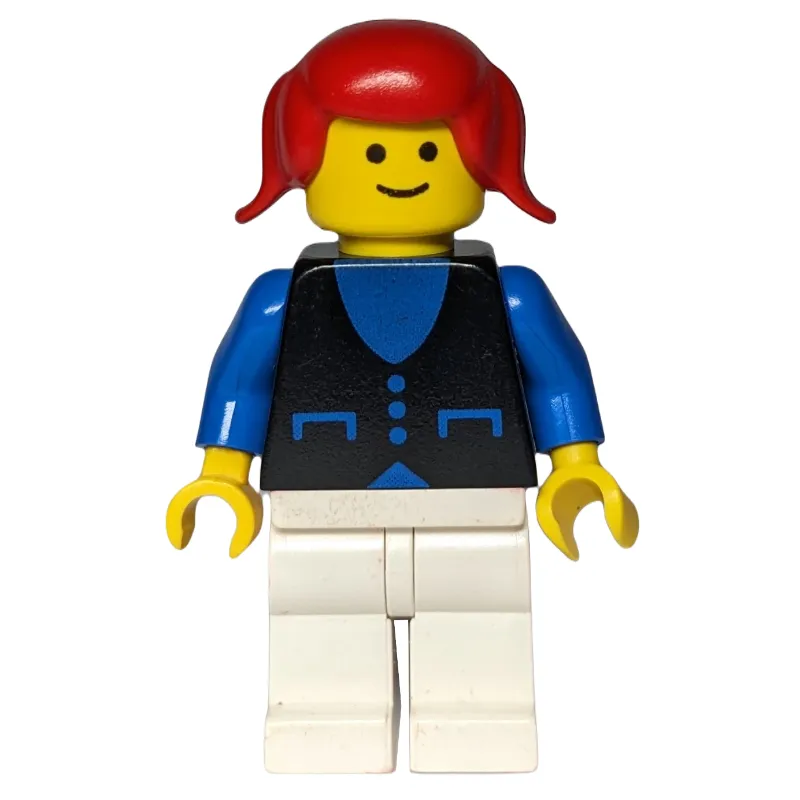 Woman, Black Vest over Blue Top, White Legs, Red Hair