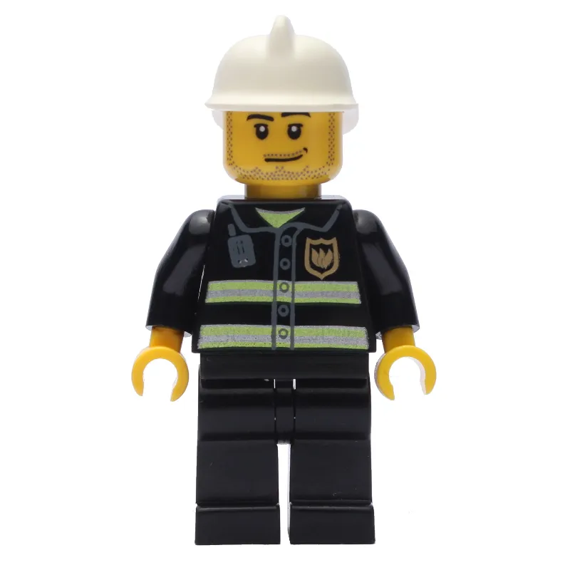 Fireman with Reflective Stripes and Radio, White Fire Helmet, and Beard Stubble