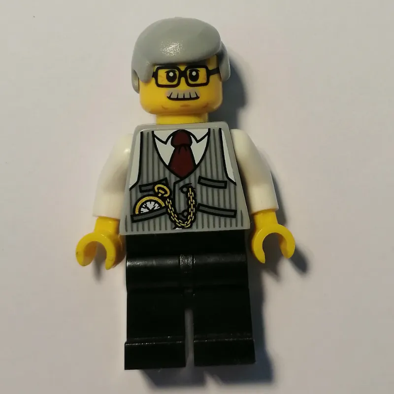 Man, Light Bluish Gray Vest over White Shirt, Black Legs, Light Bluish Gray Hair, Moustache and Glasses