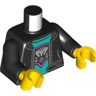 Torso, Leather Jacket, Dark Turquoise Shirt, Silver Bird, Magenta Border print, Black Arms, Yellow Hands