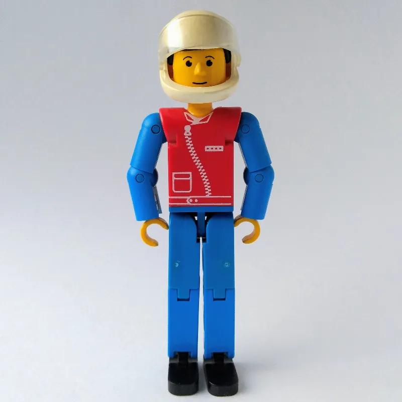 Technic Figure Blue Legs, Red Top with Zip, Blue Arms, Black Hair - White Helmet