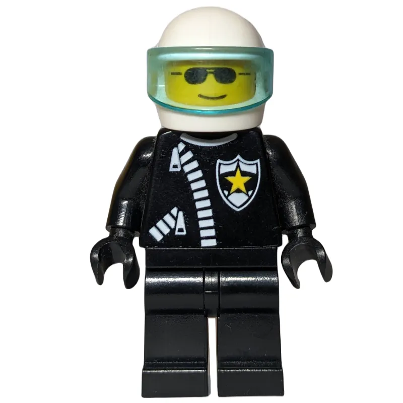 Policeman, Black Jacket with Zipper and Badge, White Helmet with Trans-Light Blue Visor