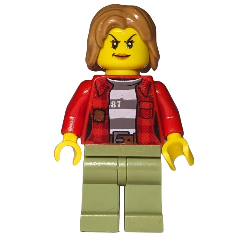 Criminal, Woman, Open Red Flannel Shirt over Prison Shirt, Medium Nougat Hair