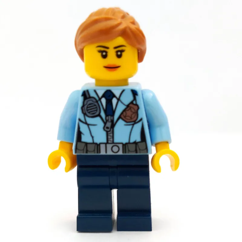 Policewoman, Bright Light Blue Jacket with Zipper, Radio, Badge, and Tie, Dark Blue Legs, Medium Nougat Hair