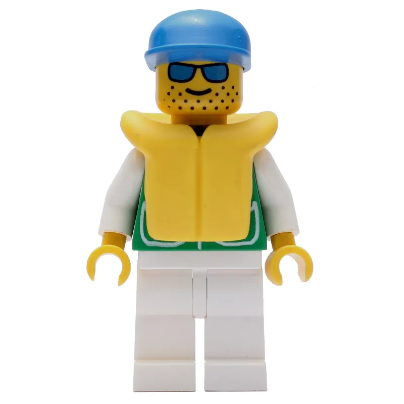 Man, Green Jacket, White Legs, Blue Cap, Yellow Life Vest, Blue Sunglasses
