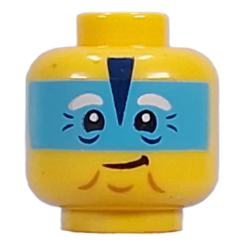 Minifig Head Mrs. Castillo, Medium Azure Mask, White Eyebrows, Wrinkles, Closed Mouth Smile/Open Mouth Smile, Close Eyes