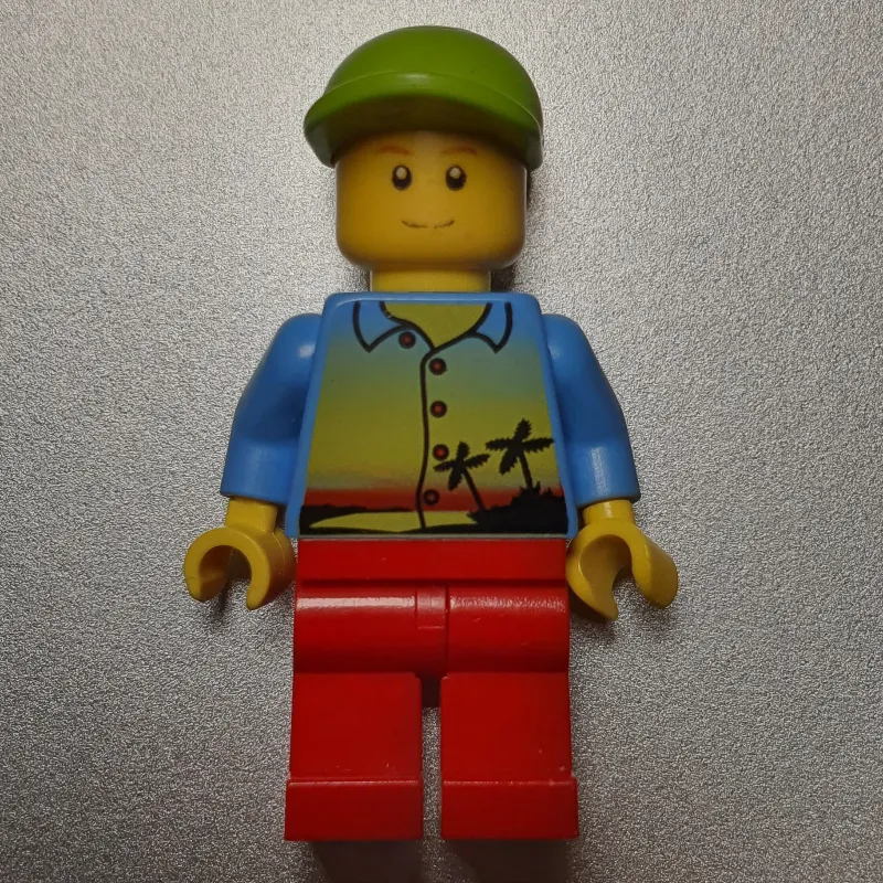 Man, Medium Blue Shirt with Palm Trees and Sunset, Red Legs, Lime Cap