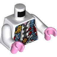 Torso Tunic with Medium Blue Utility Harness with Hot Dogs, Chopsticks, and Gold Pig Badge Print, White Arms, Bright Pink Hands