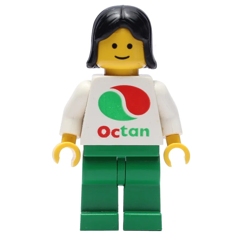 Woman, White Top with Large Octan Logo, Green Legs, Black Hair