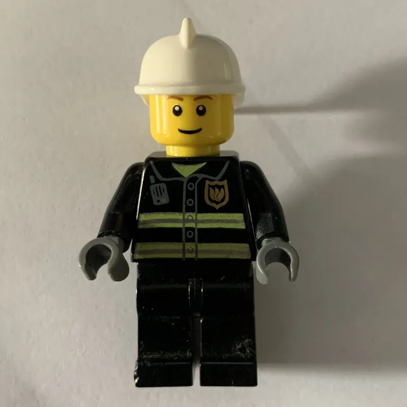 Fireman, Black Fire Jacket with Reflective Stripes, Radio, and Badge, White Helmet, Brown Eyebrows