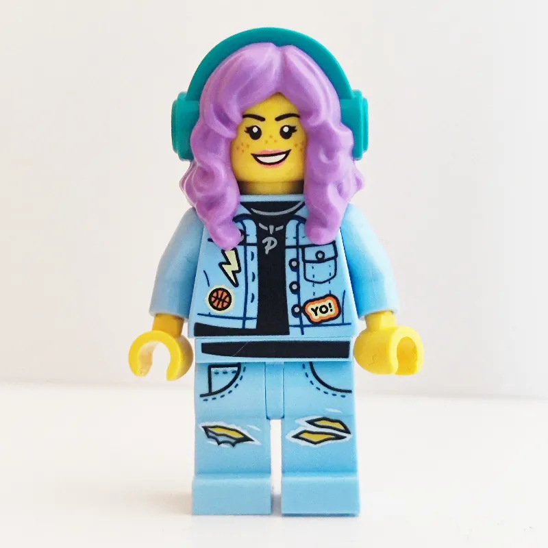Parker L. Jackson, Bright Light Blue Denim Jacket, Medium Lavender Hair with Headphones