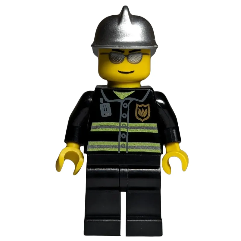 Fireman, Black Fire Jacket with Reflective Stripes, Radio, and Badge, Silver Helmet, Silver Sunglasses