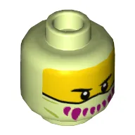 Minifig Head, Yellow Face, Facemask with Magenta Fanged Teeth Print