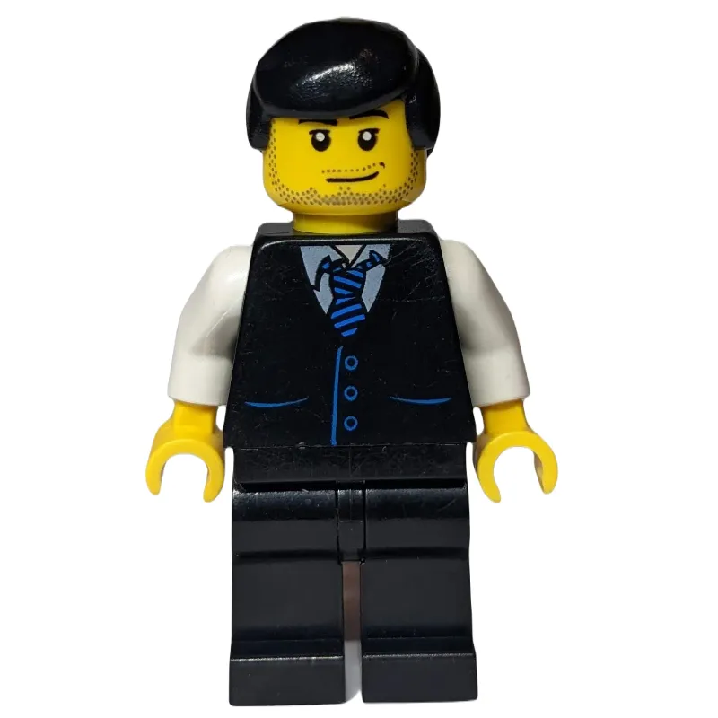 Man, Black Vest over White Shirt with Tie, Black Legs, Black Hair, Stubble