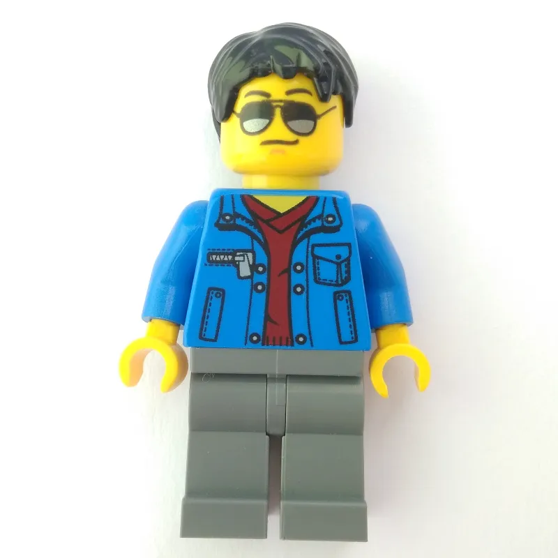 Man, Open Blue Jacket over Dark Red Shirt, Light Bluish Gray Legs, Black Hair, Sunglasses