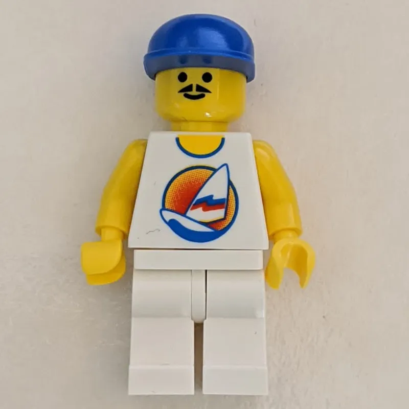 Man, White Tank Top with Windsurfer, White Legs, Blue Cap, Moustache