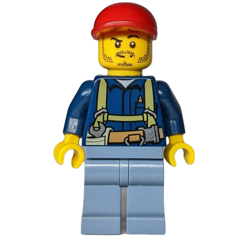 Miner, Dark Blue Shirt with Harness, Red Cap, Stubble