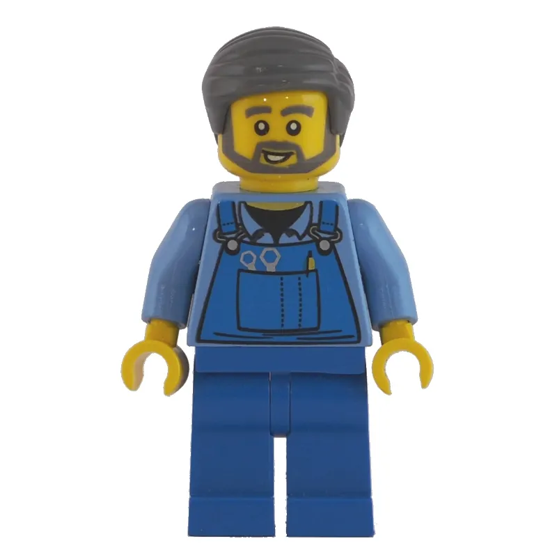Man, Blue Overalls over Shirt, Blue Legs, Dark Bluish Gray Hair, Beard
