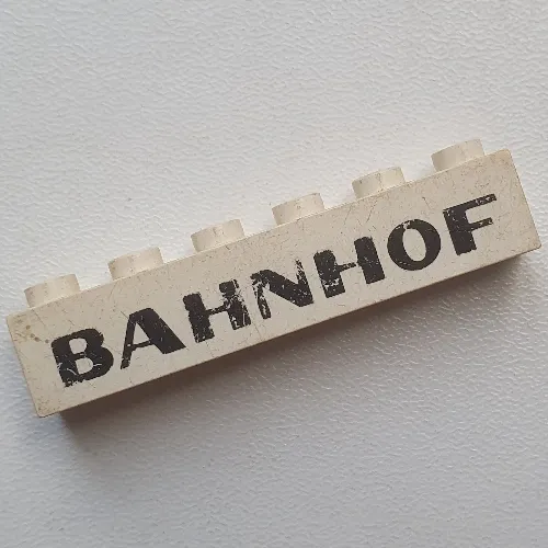 Brick 1 x 6 without Bottom Tubes with Cross Side Supports with 'BAHNHOF' Sans-Serif Black Print