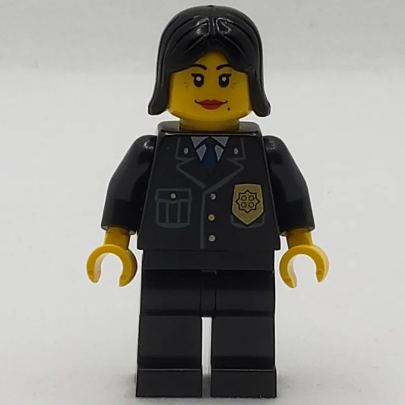 Policewoman, Black Jacket with Badge, Pocket, and Black Tie, Black Hair