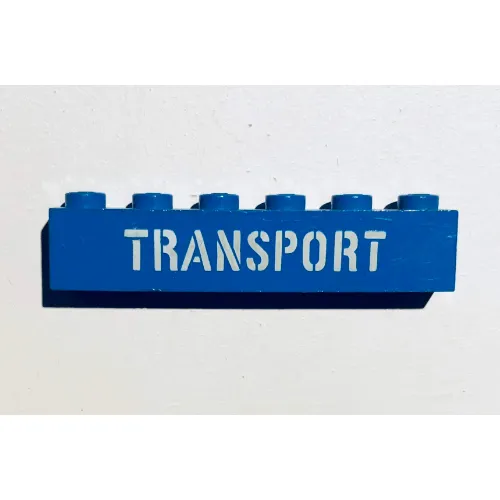 Brick 1 x 6 with 'TRANSPORT' Stencil White print