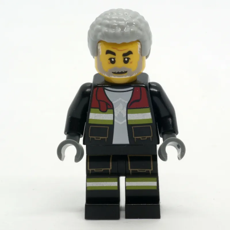 Firefighter, Black Fire Suit with Open Jacket, Light Bluish Gray Hair, Beard