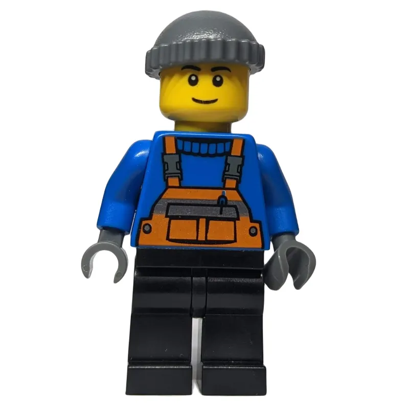 Man, Orange Overalls over Blue Sweater, Black Legs, Dark Bluish Gray Hat