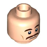 Minifig Head Security Guard, Dual Sided, Brown Eyebrows and Mustache, Cheek Lines, Scared / Neutral Print