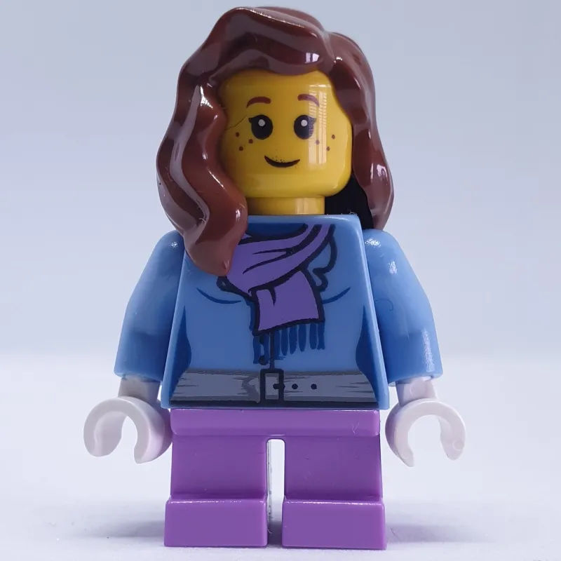 Girl, Medium Blue Jacket with Medium Lavender Scarf, Short Medium Lavender Legs, Reddish Brown Hair