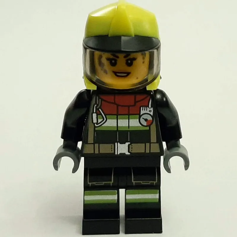 Firefighter, Black Fire Suit, Vibrant Yellow Helmet, Dirty Face