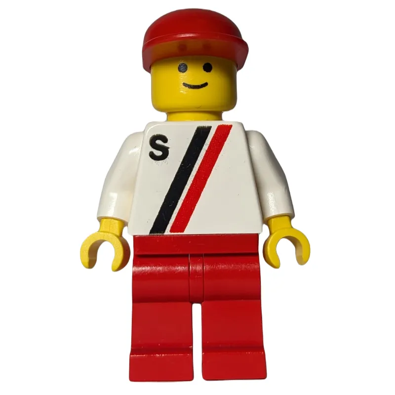 Man, White Shirt with Two Stripes and 'S', Red Legs, Red Cap