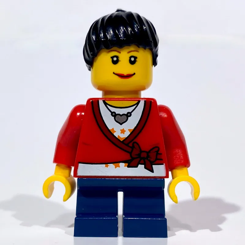 Girl, Cardigan Tied with Bow, Necklace, Short Dark Blue Legs