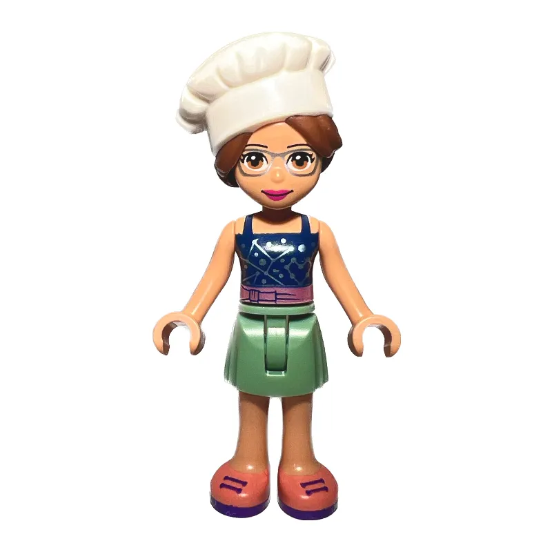 Olivia - Dark Blue Top, Sand Green Skirt, Chef's Hat