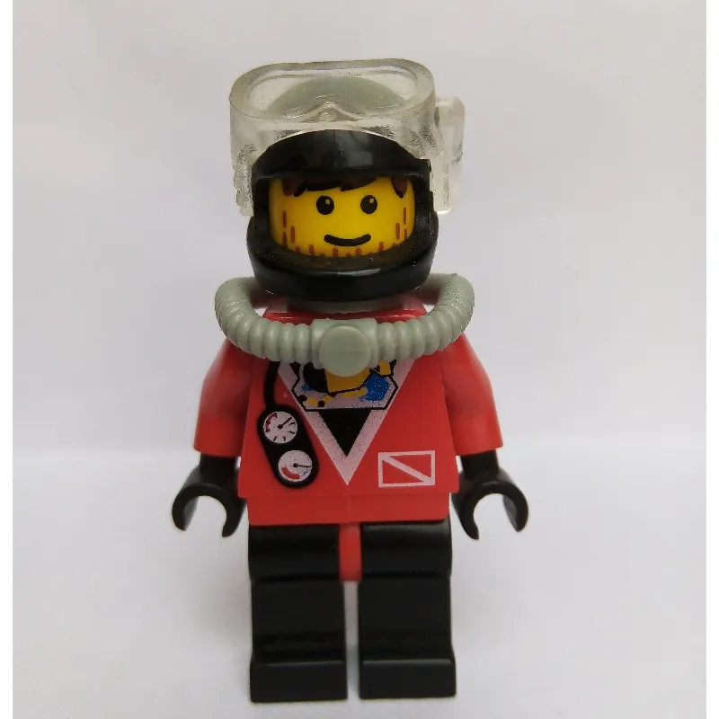 Diver, Man, Red Wetsuit, Black Helmet with Mask, Airtank, Stubble