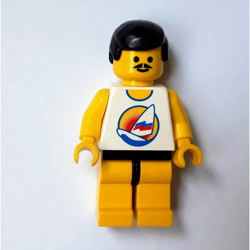 Man, White Tank Top with Windsurfer, Yellow Legs, Black Hair, Moustache