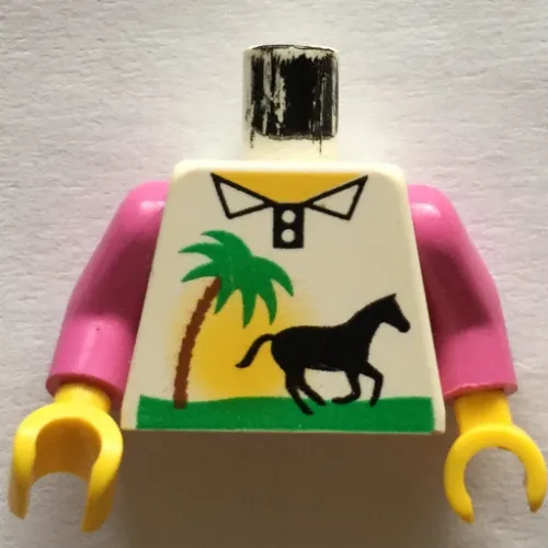 Torso Shirt with Horse, Tree, and Sunset Print, Dark Pink Arms, Yellow Hands